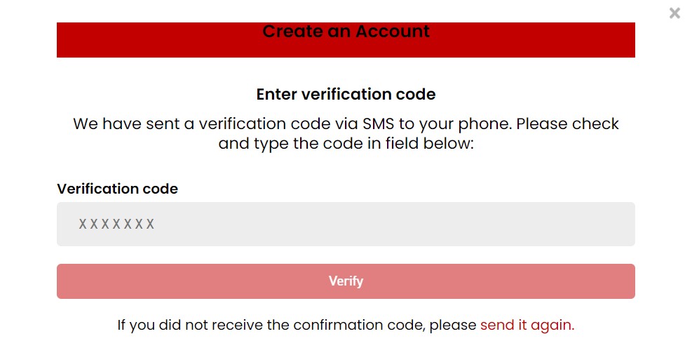 Tic Tac Bets Registration Step 2 SMS Verification Code