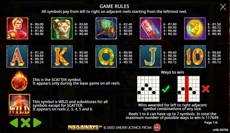 Pompeii Megareels Slot Paytable