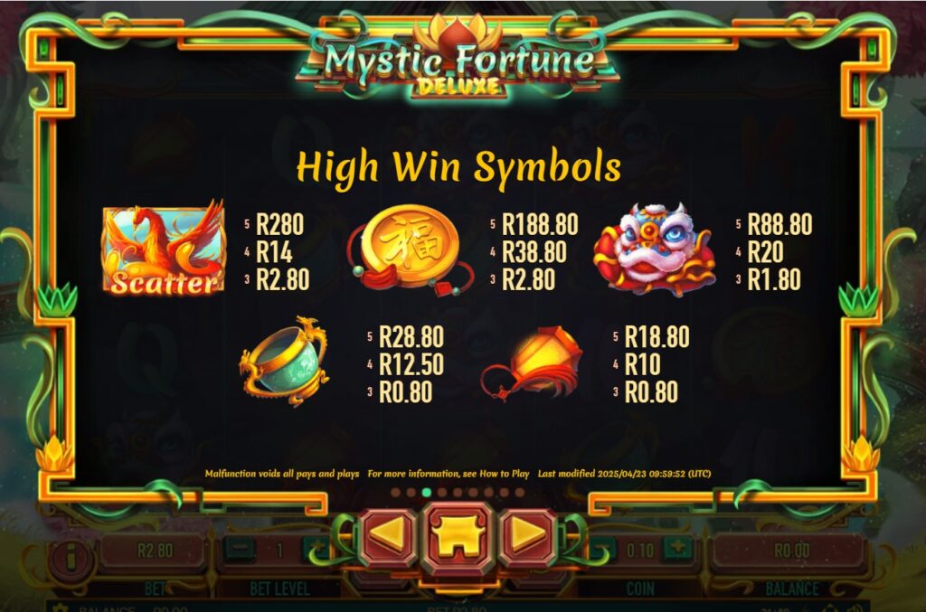 Mystic Fortune Deluxe Habanero Slot Paytable