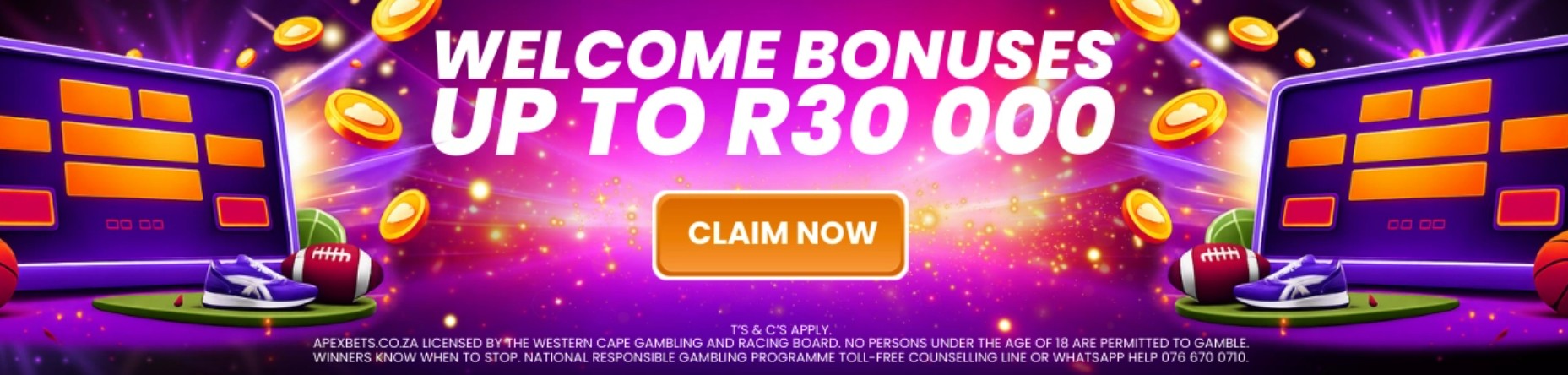 Apex Bets welcome bonus — R30,000 across 5 deposit tiers plus FREESPIN100 exclusive offer