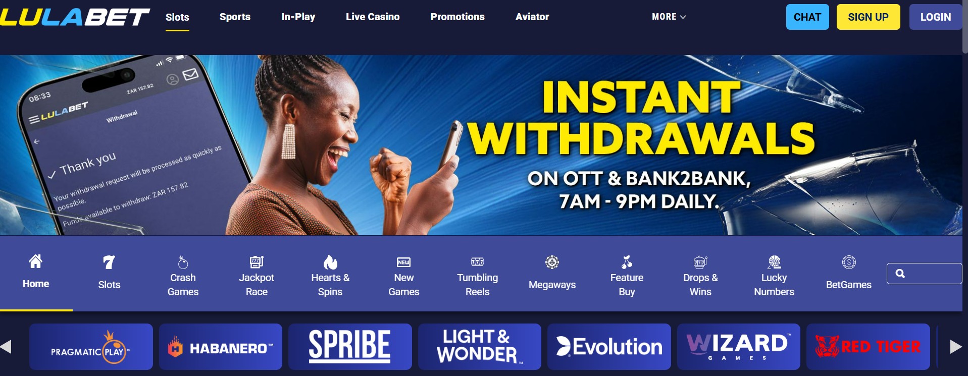 Lulabet instant Bank2Bank withdrawal home page South Africa