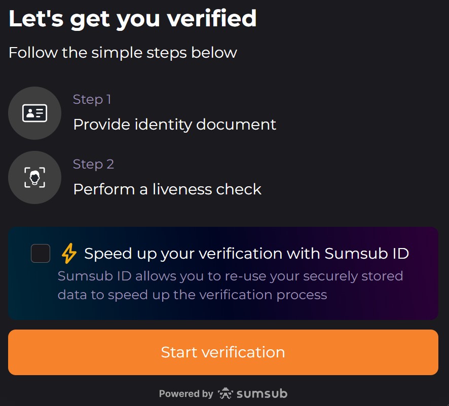 Apex Bets Sumsub verification overview showing Step 1 identity document and Step 2 liveness check