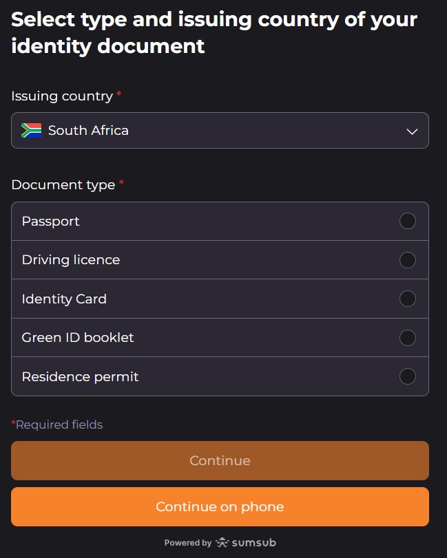 Apex Bets Sumsub document type selection — Passport, Driving licence, Identity Card, Green ID booklet, Residence permit