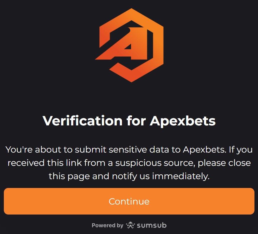 Apex Bets FICA verification screen powered by Sumsub — security notice before submitting identity documents