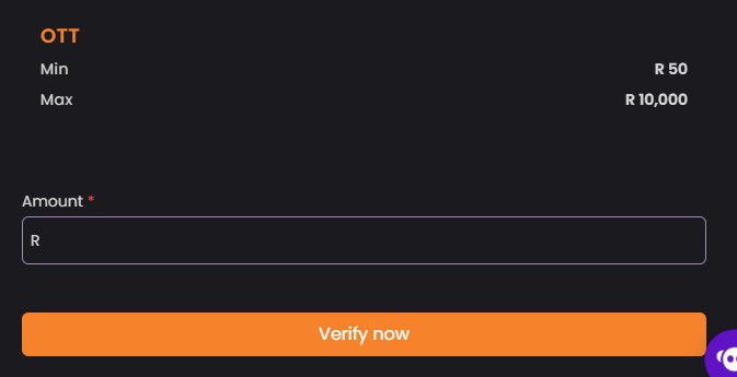 Apex Bets OTT Voucher withdrawal form showing minimum R50 and maximum R10,000 with a single amount field