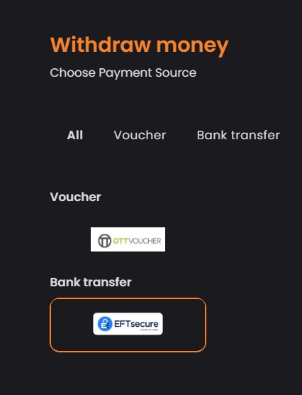 Apex Bets withdrawal cashier showing OTT Voucher and EFT Secure as the two available payment methods