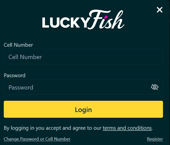 Luckyfish Login Page with Cell Number and Password Fields