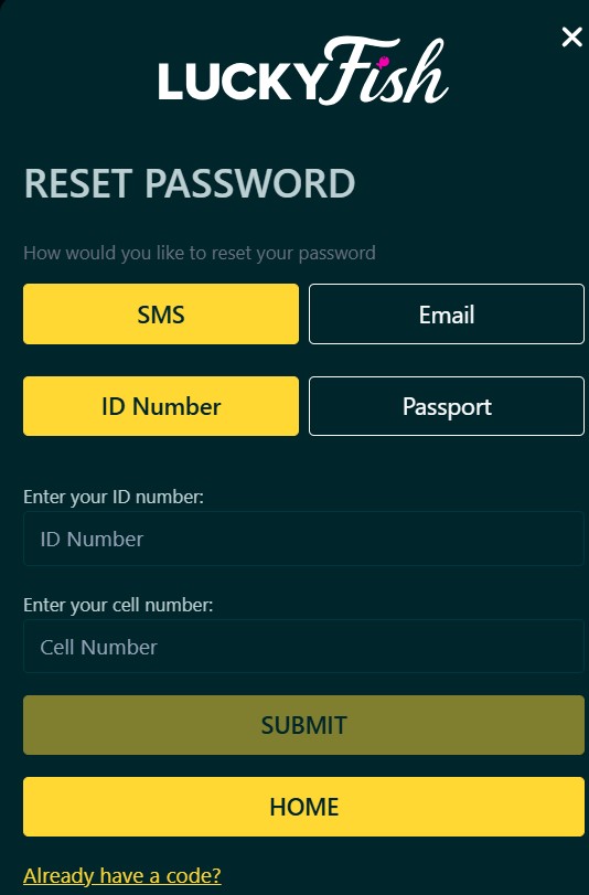 Lucky Fish Reset Password Page via SMS or Email