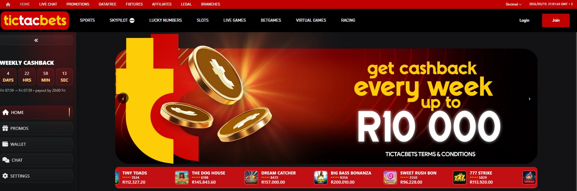 Tic Tac Bets Homepage Cashback Promotions South Africa