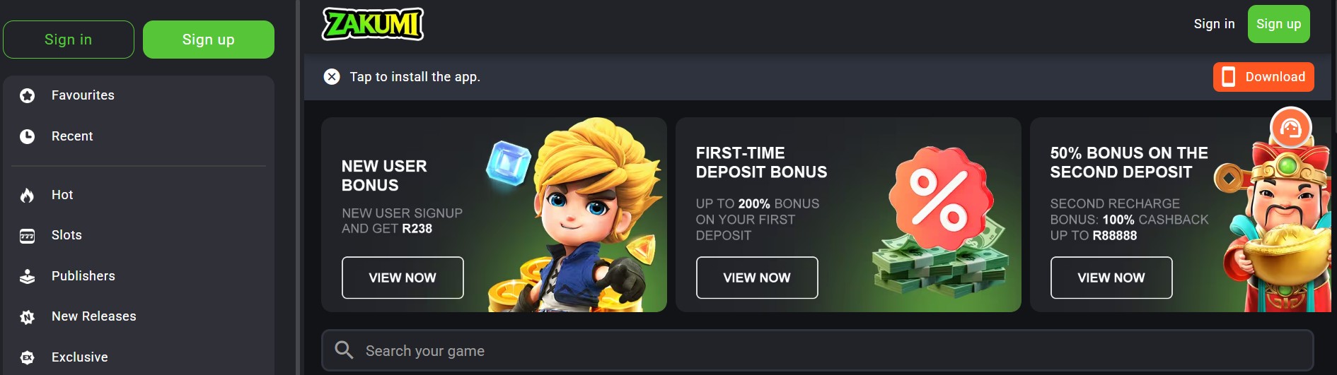 Zakumi scam casino home page screenshot showing the fraudulent zakumi.bet website