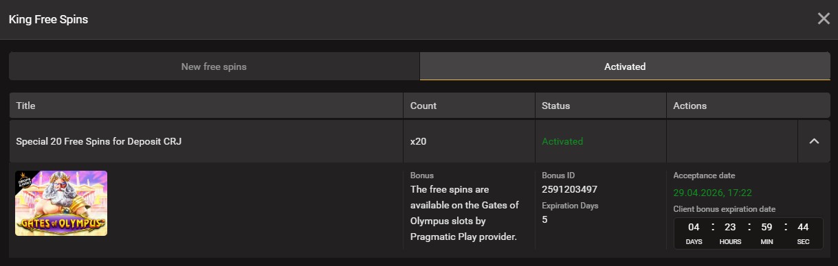 Kingbets King Free Spins tab activated showing the 20 free spins offer