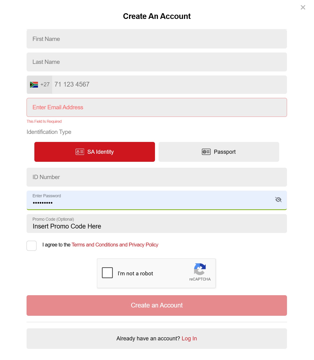 Playbet register an account page to claim R50 and 50 free spins