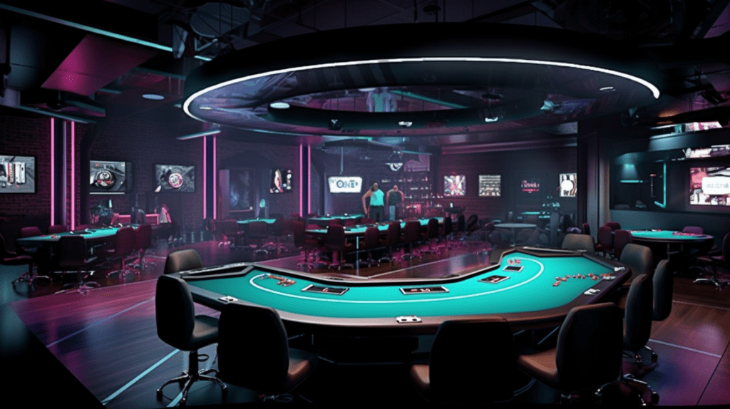 Panoramic view of a modern live dealer casino with multiple game tables and stylish dealers, showcasing the immersive and technologically advanced environment of live dealer experiences.