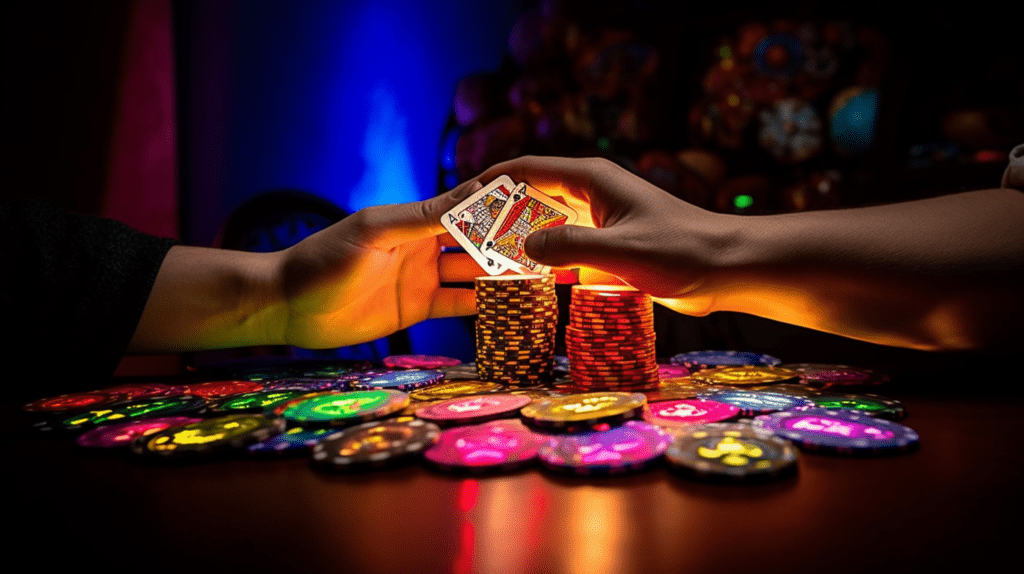 A player's hand holding playing cards and colorful poker chips, showcasing the excitement of blackjack