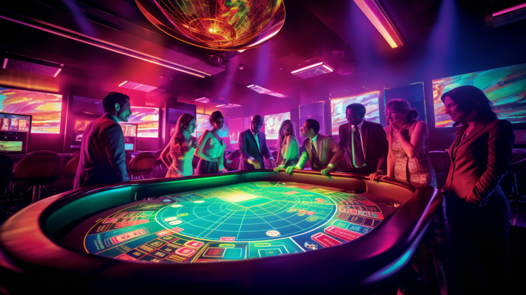 Vibrant and dynamic scene at a live casino table, showcasing enthusiastic players interacting with live dealers and enjoying the thrill of live dealer games.