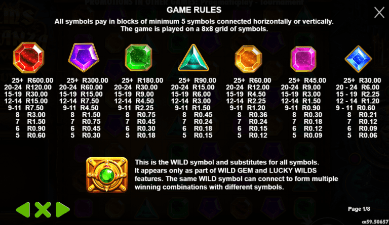 Gems Bonanza paytable and symbols South Africa