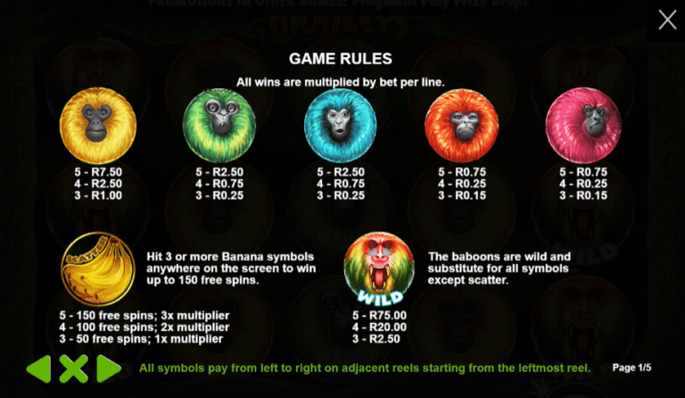 7 Monkeys paytable and symbols South Africa