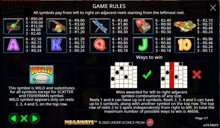 Big Bass Bonanza Megaways slot paytable symbols South Africa