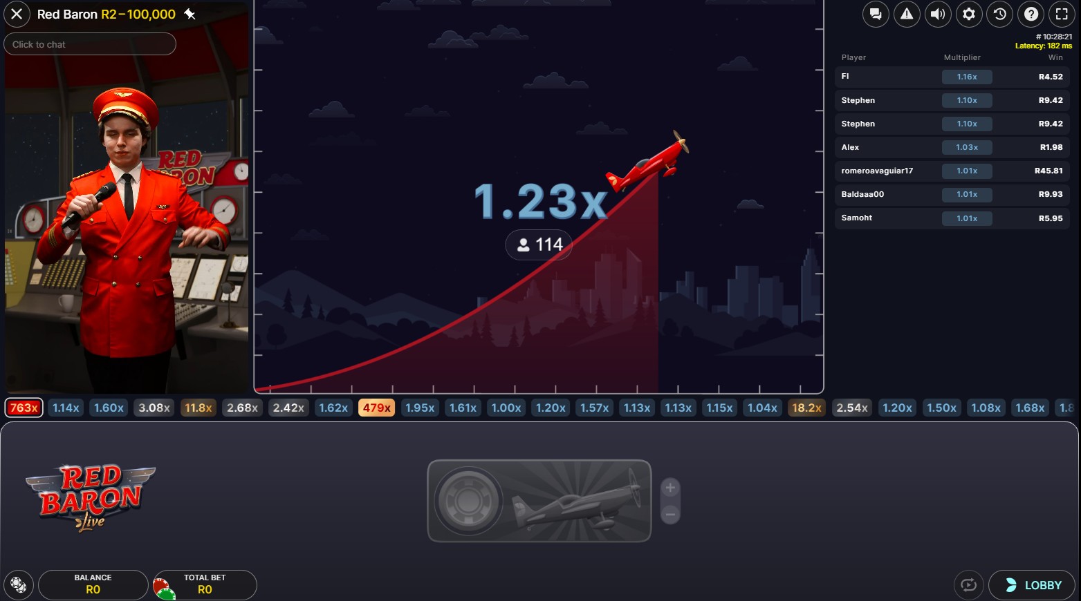 Red Baron Live version with red-uniformed host in studio environment