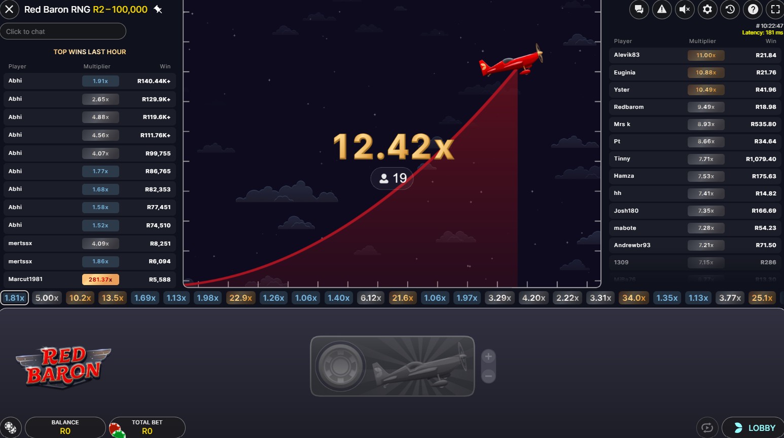 Red Baron RNG version interface without host showing game statistics
