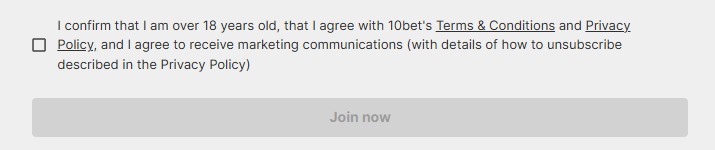 10bet registration terms and conditions checkbox confirmation