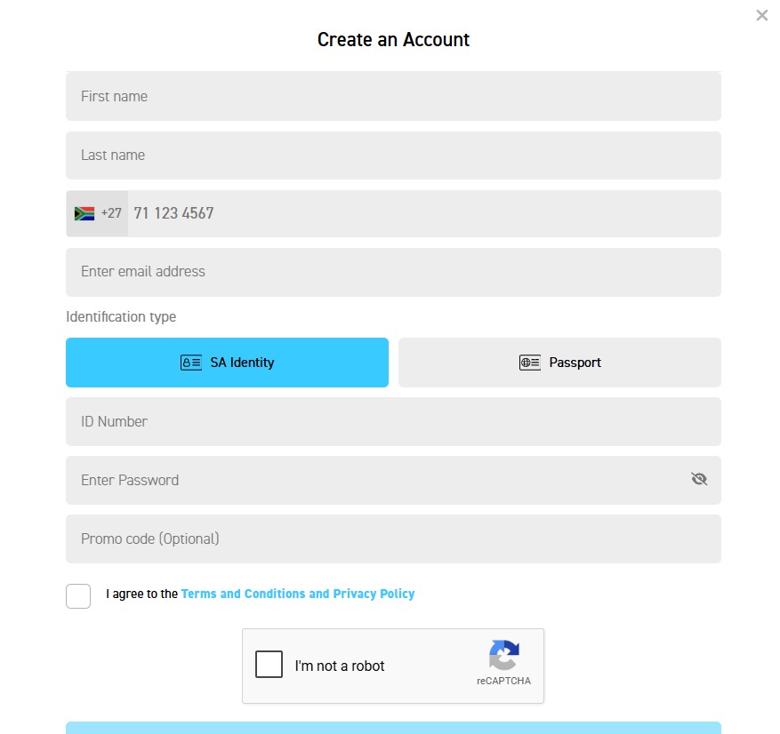 FirstBet South Africa Create an Account Registration Form Showing All Fields