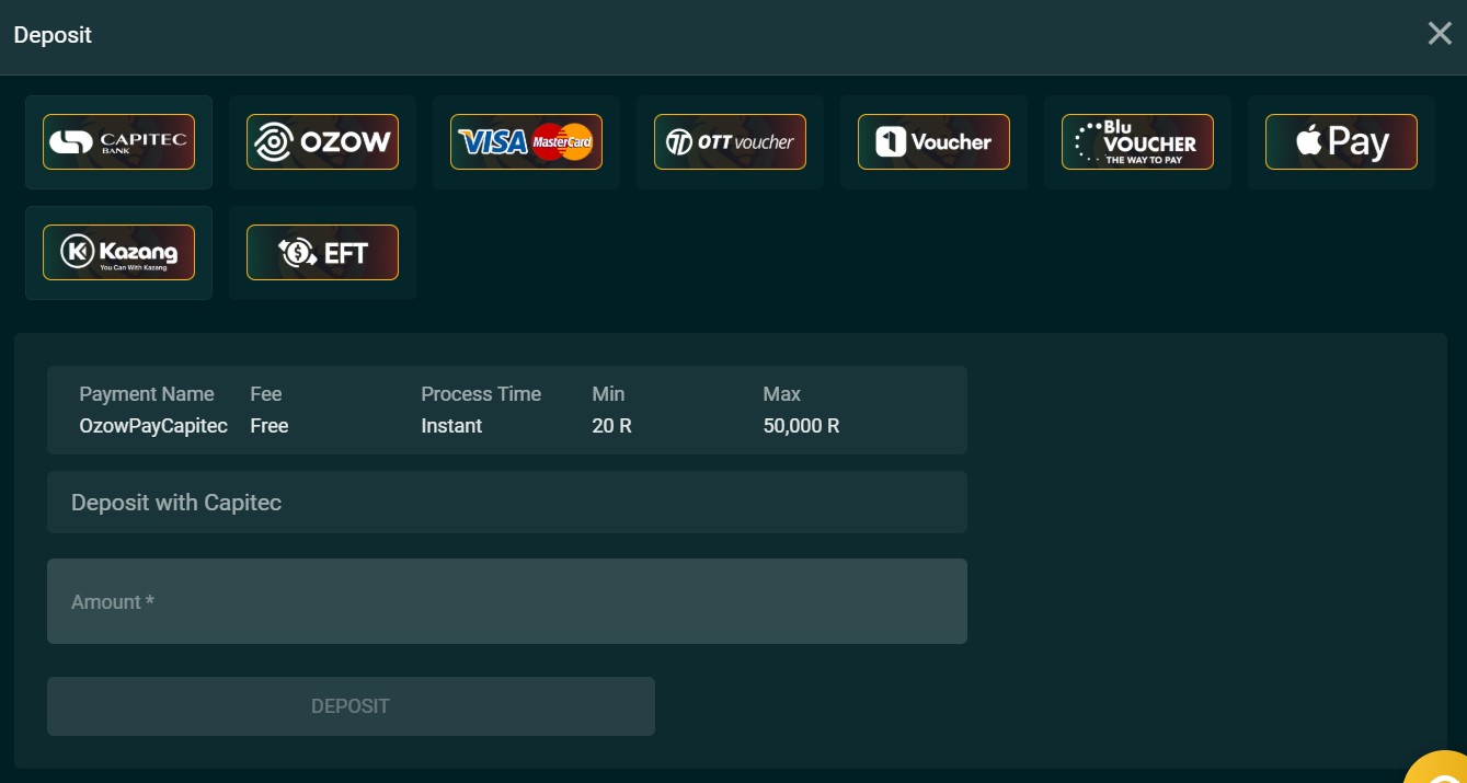 BravoBet Deposit Screen Showing R20 Minimum and Nine Payment Methods Including Apple Pay