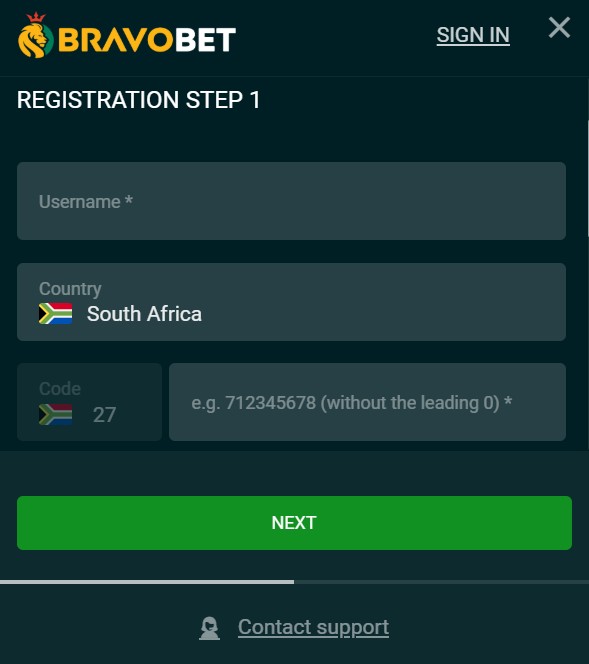 BravoBet Sign In Page Showing Login Form Fields for Mobile Number and Password
