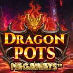 Logo for the game Dragon Pots Megaways, featuring bold gold lettering against a fiery lava-filled background with dragon-themed decorations.