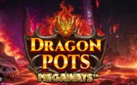 Logo for the game Dragon Pots Megaways, featuring bold gold lettering against a fiery lava-filled background with dragon-themed decorations.