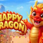 Bright red dragon mascot smiling at a city parade beside a large 'HAPPY DRAGON' sign and colorful festival banners.