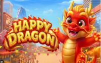Bright red dragon mascot smiling at a city parade beside a large 'HAPPY DRAGON' sign and colorful festival banners.
