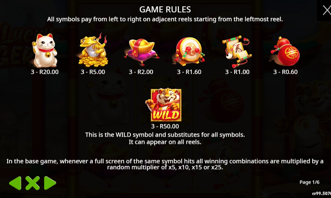 Lucky Tiger paytable and symbols South Africa