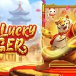 Promotional image for the Lucky Tiger game featuring a tiger in a gold frame, coins, and festive confetti.