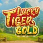 Game title screen for 'Lucky Tigers Gold' with a bright, colorful logo over a lush, Asian-inspired landscape background.