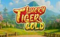 Game title screen for 'Lucky Tigers Gold' with a bright, colorful logo over a lush, Asian-inspired landscape background.