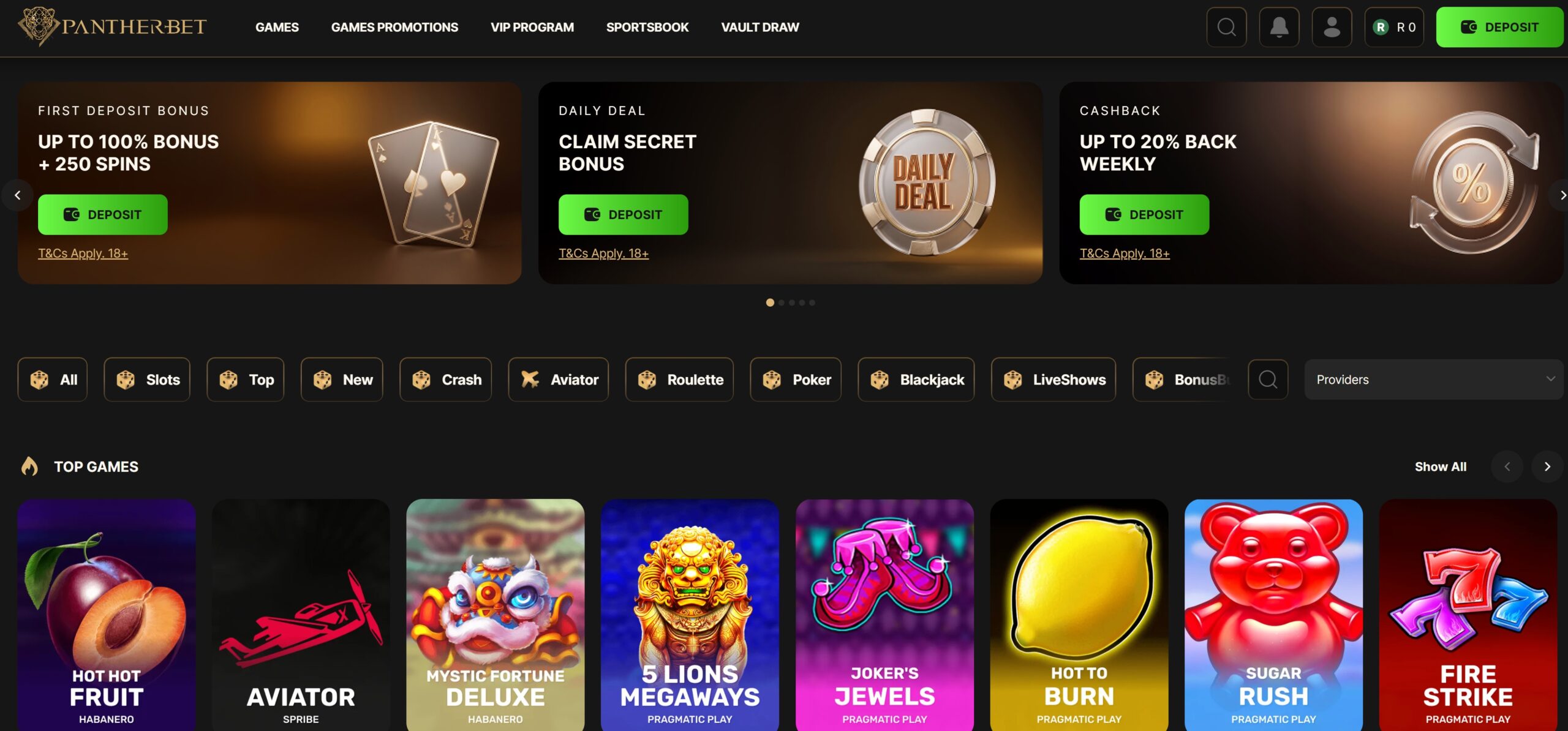 Pantherbet home page where players sign in to their account