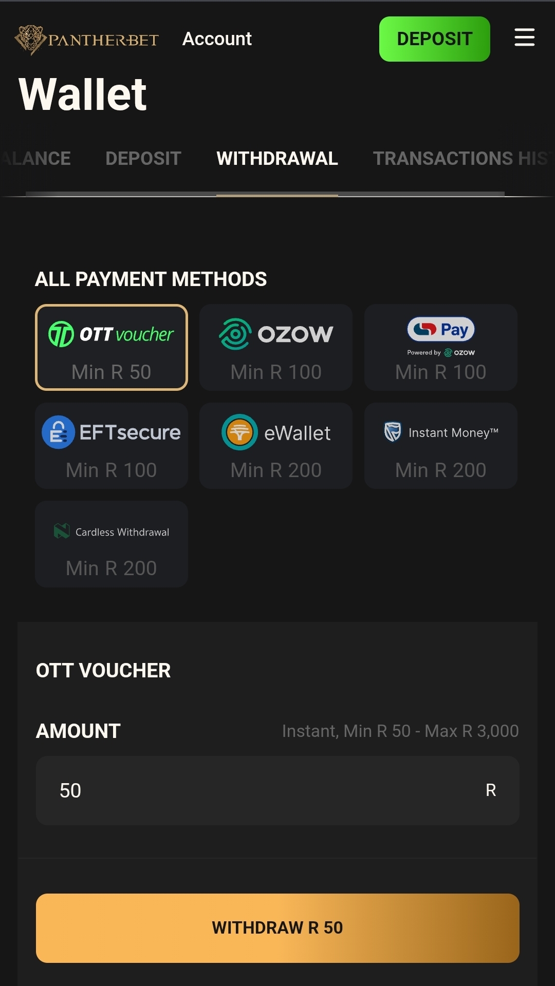 Pantherbet deposit methods for South African players