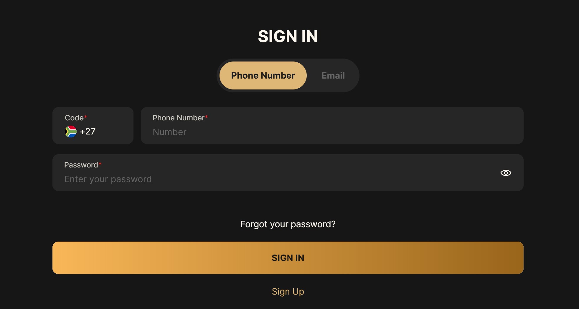 Pantherbet sign in screen with phone number and email login options