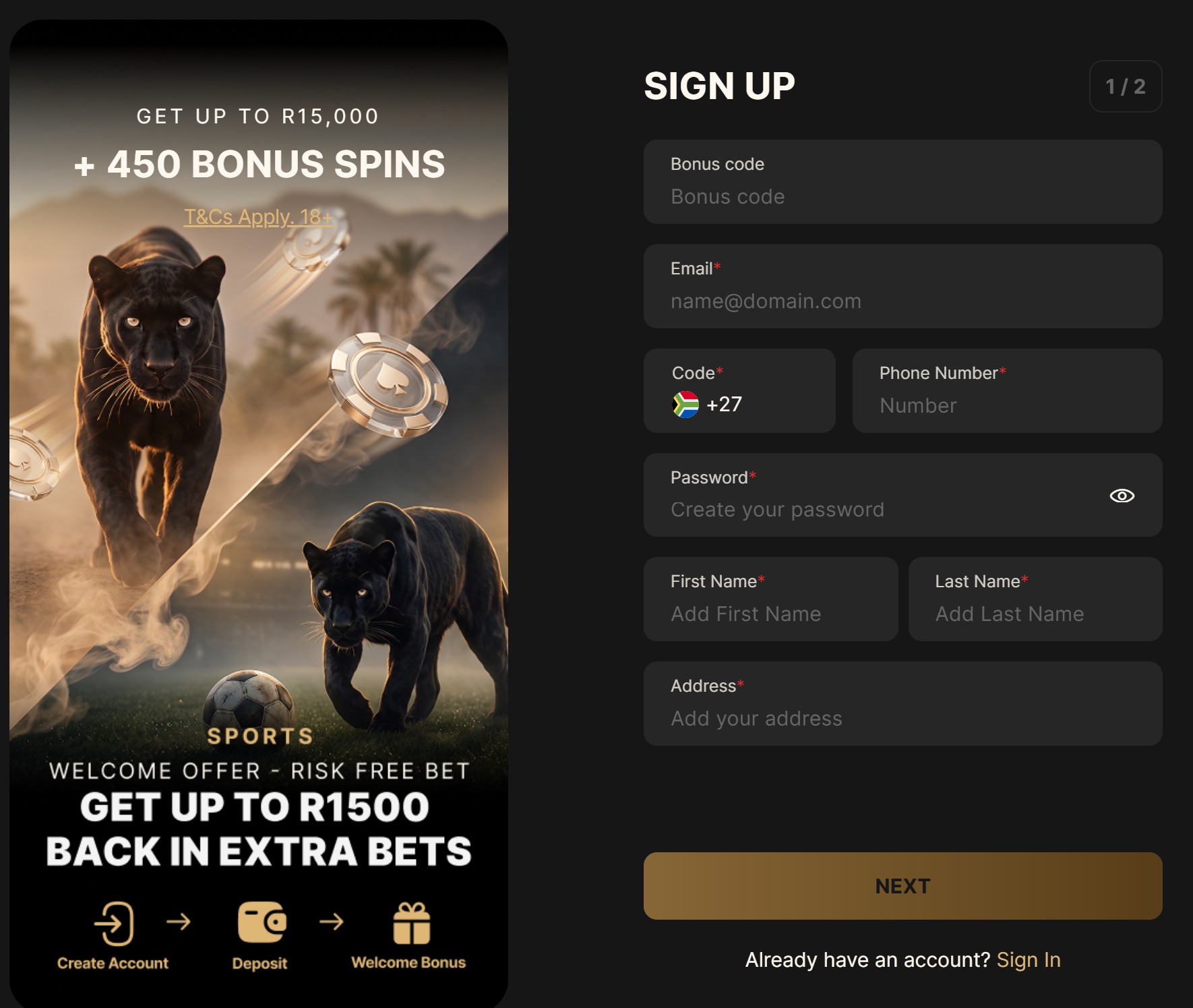 Pantherbet registration screen