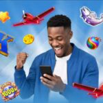 Man excitedly looking at his smartphone, surrounded by colorful floating mobile game icons and rewards on a blue background.