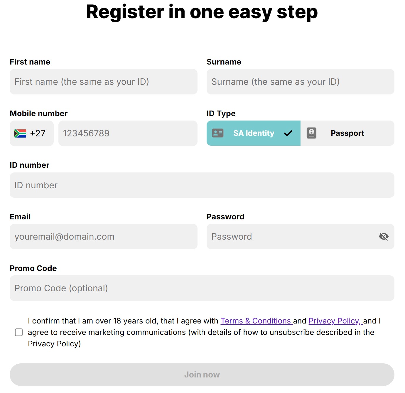 ReadySetBet registration page, formerly SoccerShop bet, South Africa sign up