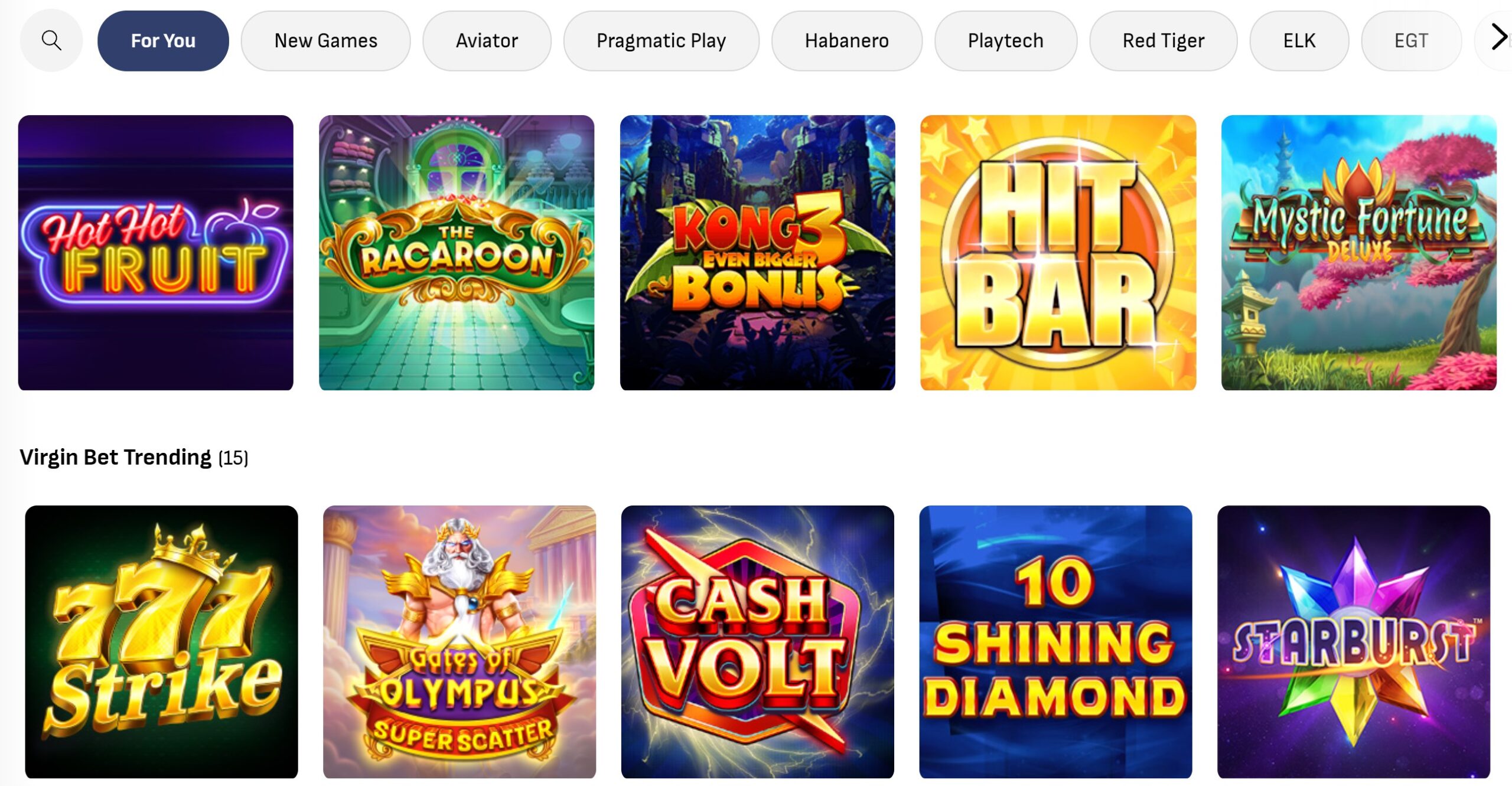 Slots and casino games lobby at Virginbet South Africa