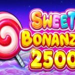 Promotional banner for 'Sweet Bonanza 2500' slot game featuring a large pink lollipop and colorful candy backdrop.