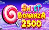 Promotional banner for 'Sweet Bonanza 2500' slot game featuring a large pink lollipop and colorful candy backdrop.