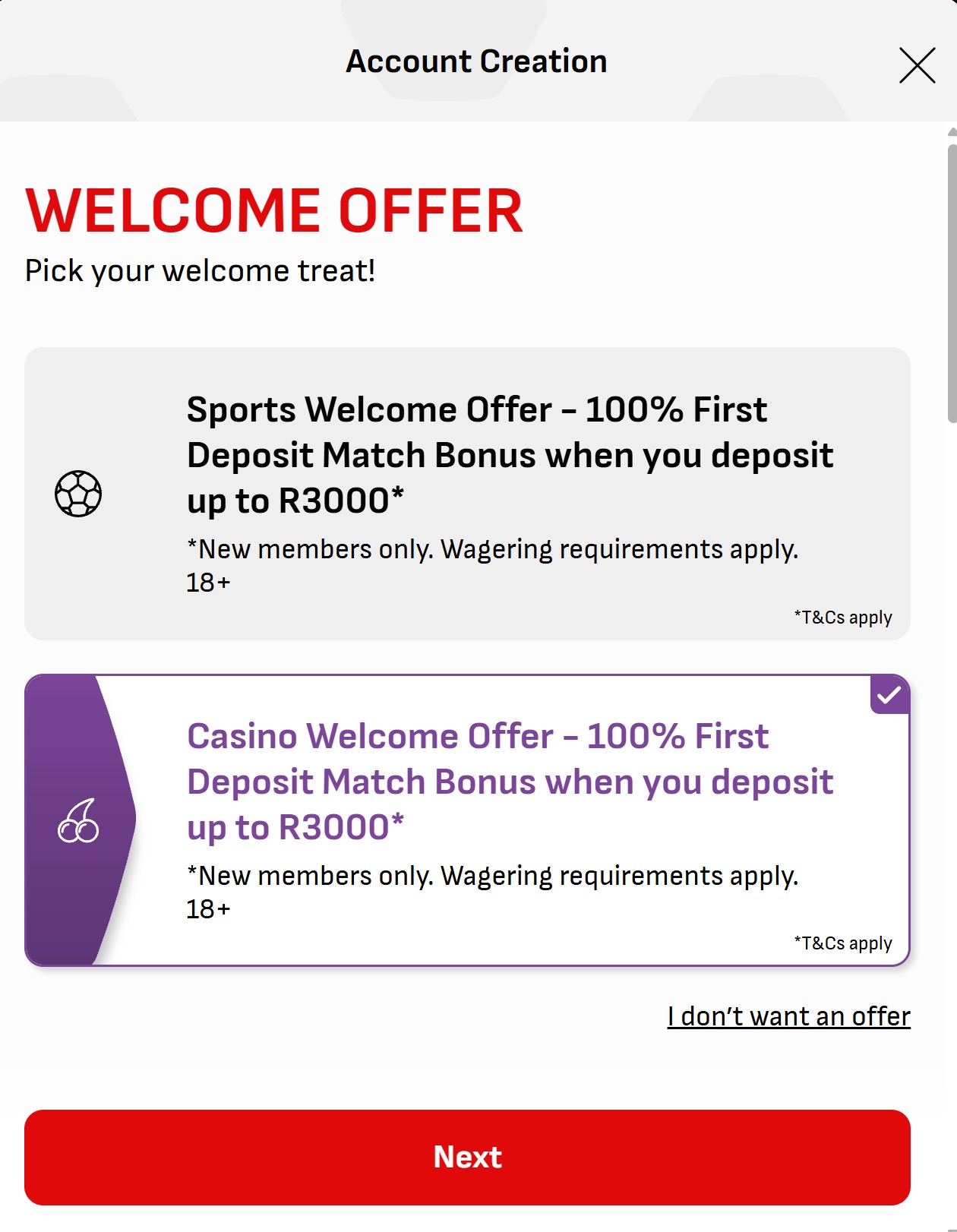 Choosing the sports or casino welcome offer during Virginbet account creation