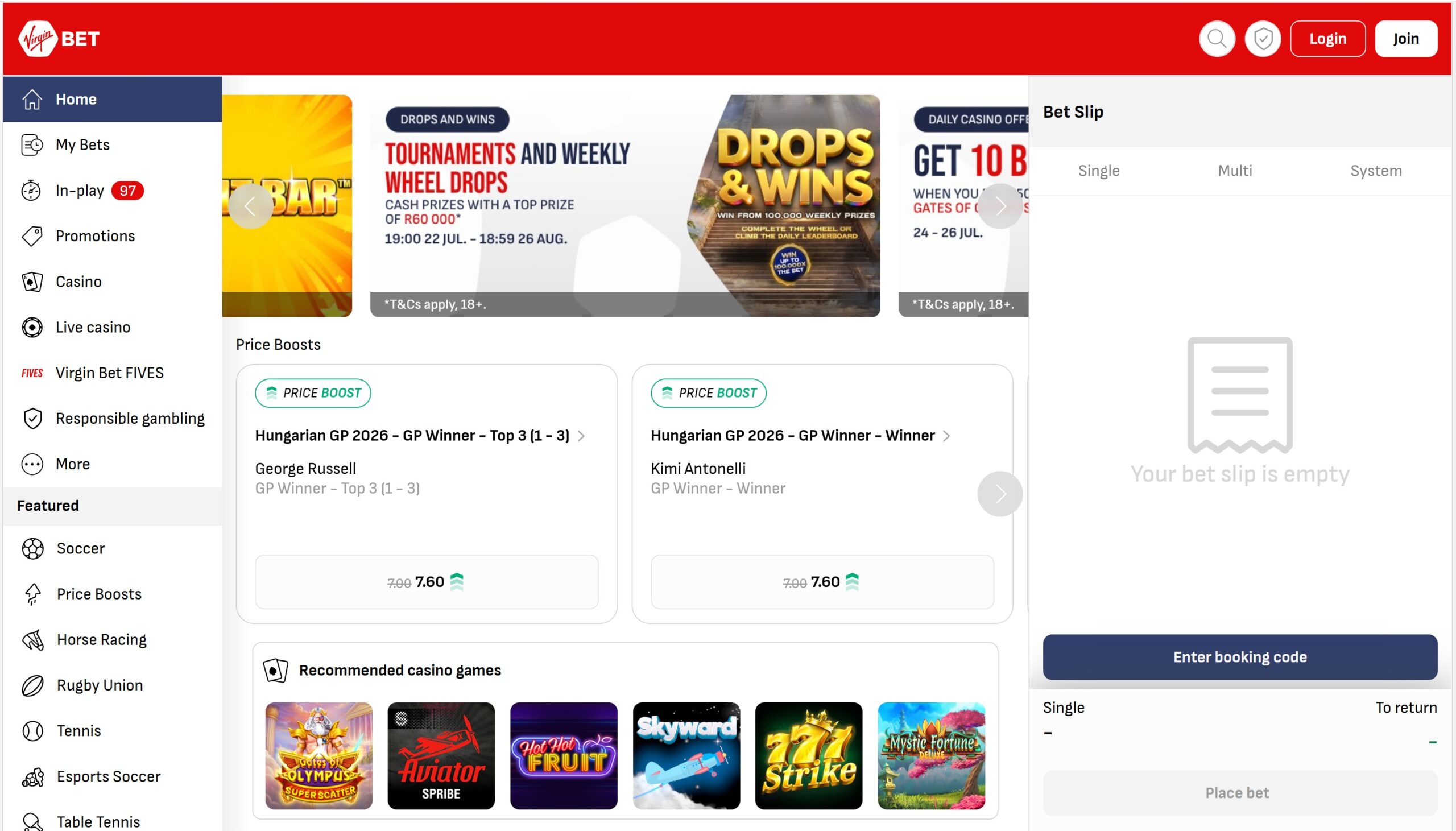 Virginbet South Africa home page on the mobile site