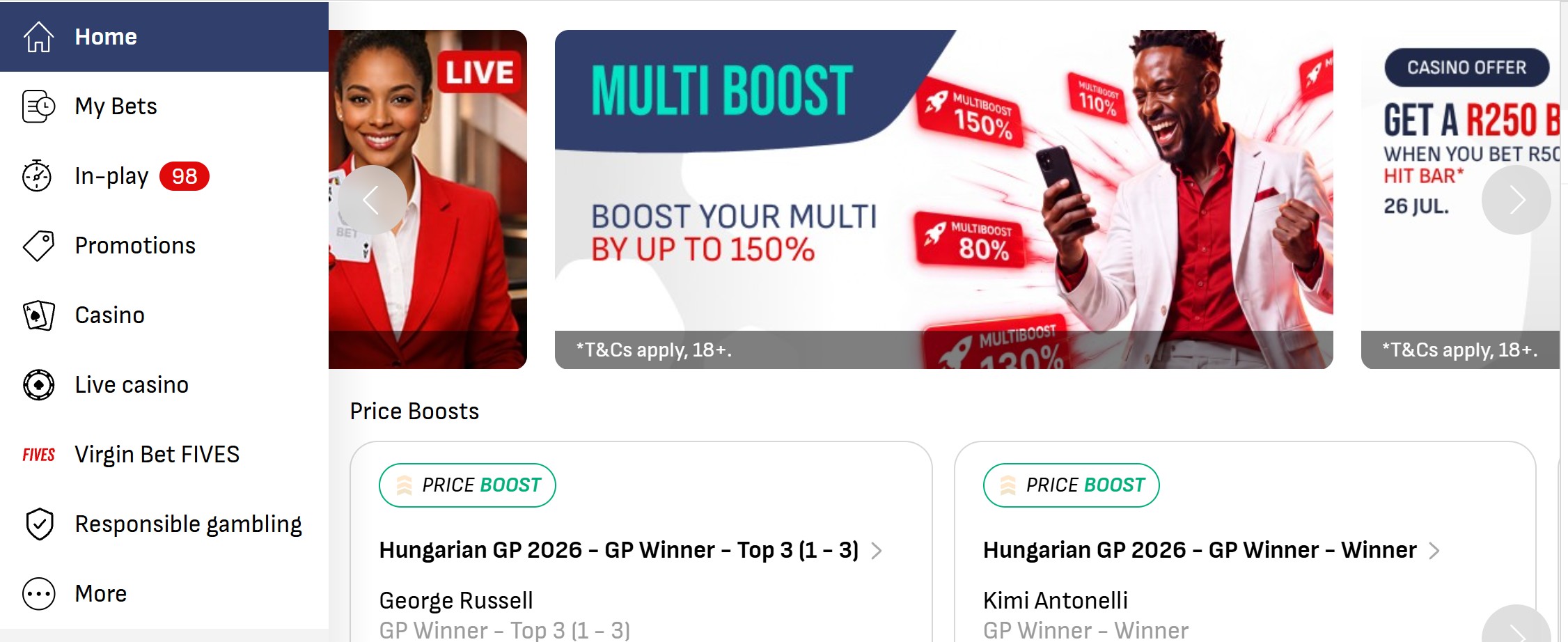 Virgin Bet South Africa sportsbook betting markets and in-play console