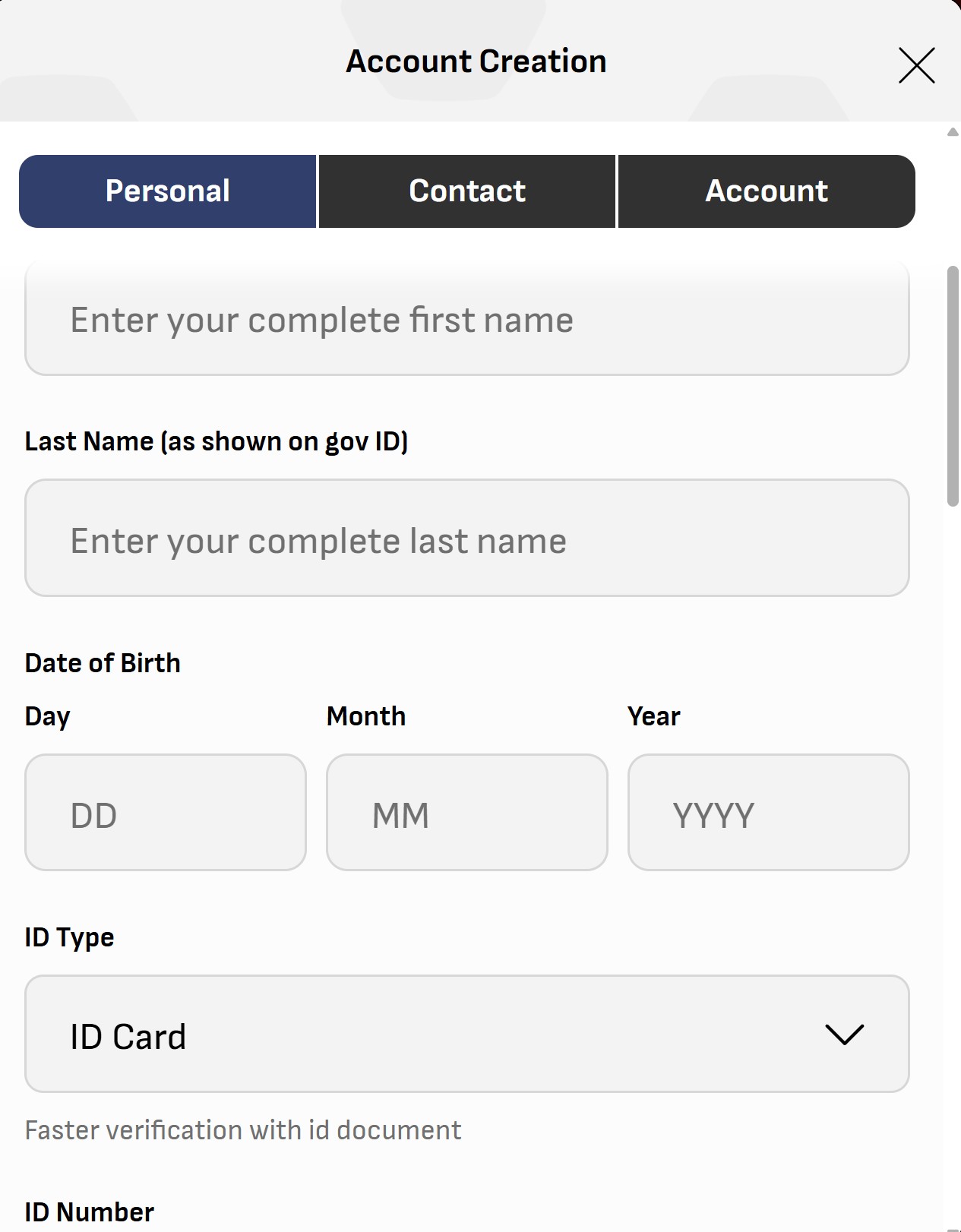 Virgin Bet registration form entering personal details and SA ID number