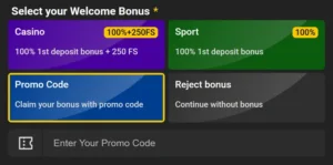 UI for selecting a Welcome Bonus with four cards: Casino, Sport, Promo Code (selected with yellow border), and Reject bonus; promo code entry field below.